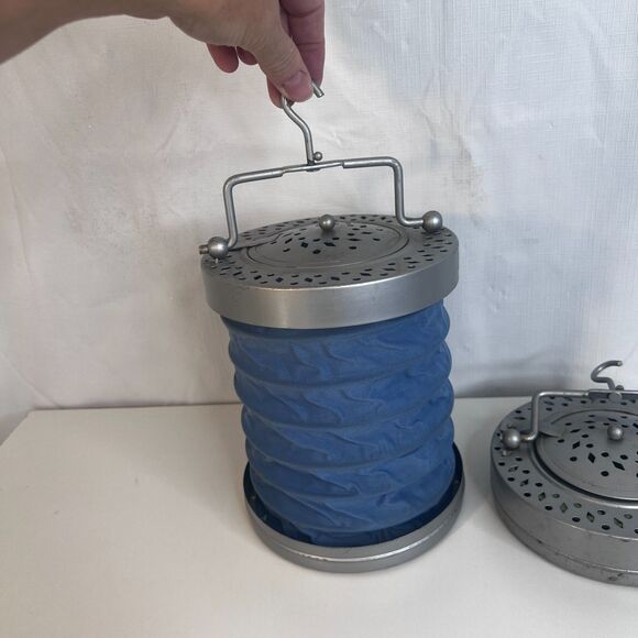 Collapsible Hanging Candle Lanterns Set of 2 Green & Blue Metal Case Tea Lights - Picture 3 of 8